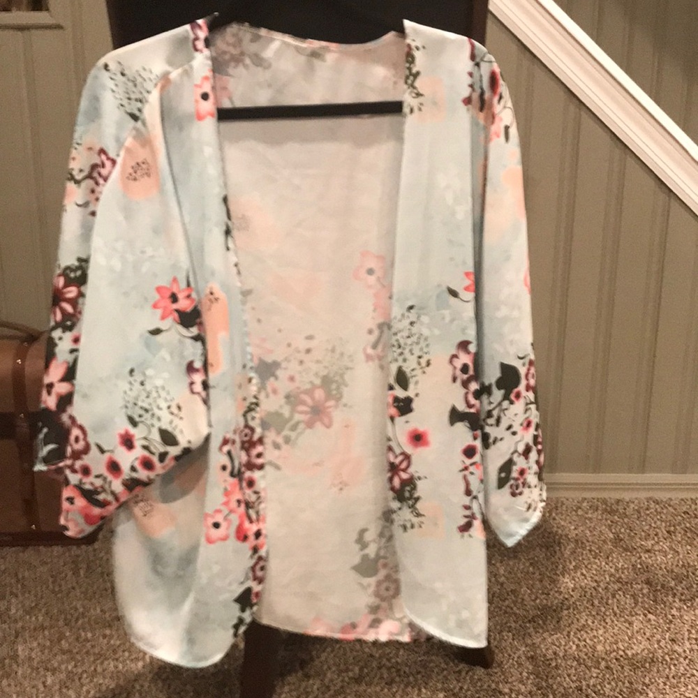Mint Summer Floral Print Half Sleeve Kimono